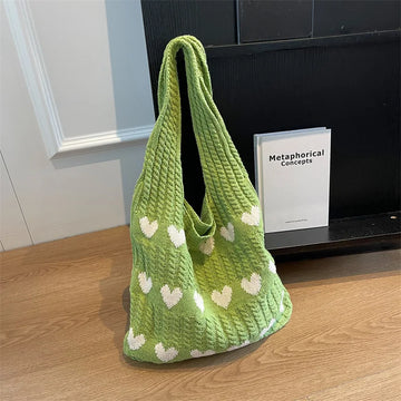 Qfdian 1PC New Knitted Bag Women's Summer Handmade Woolen Underarm Tote Bag Love Shopping Beach Shoulder Bag